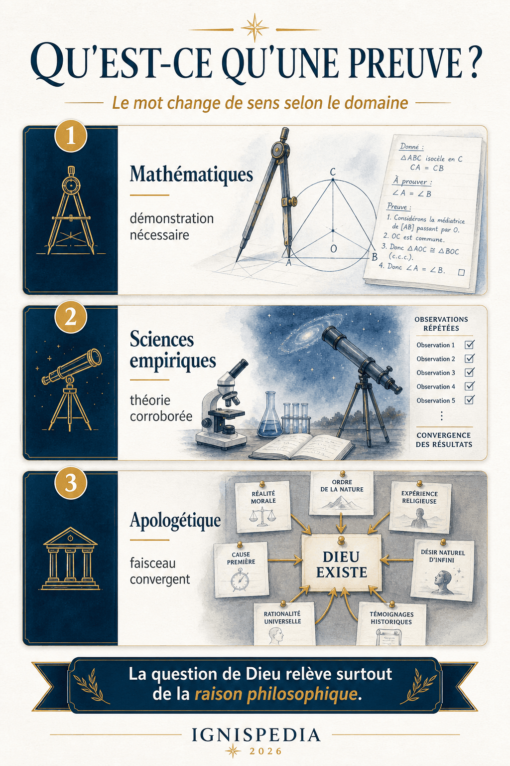 Infographie Ignispedia expliquant trois sens du mot preuve : démonstration mathématique, corroboration scientifique et faisceau convergent en apologétique.