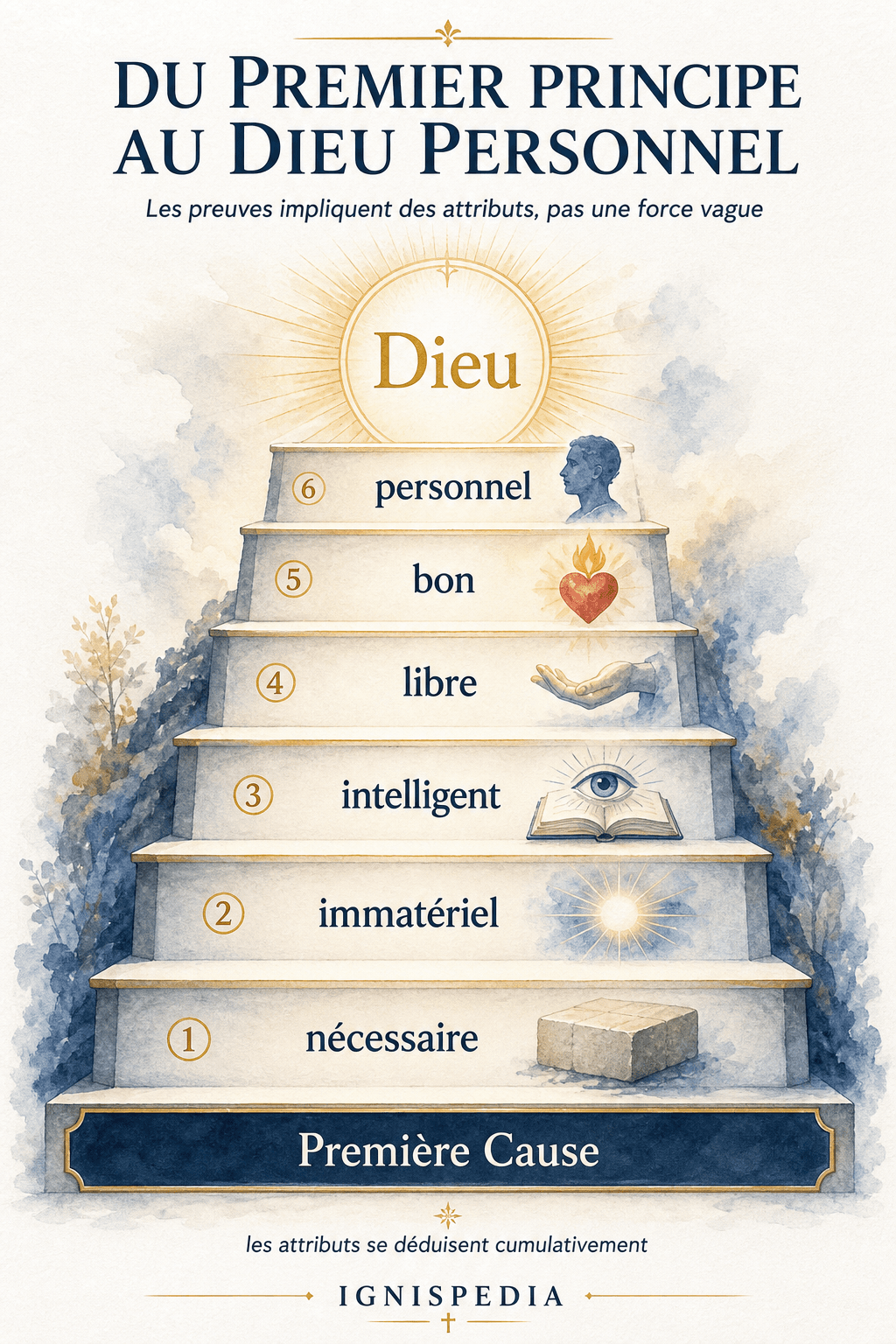 Infographie Ignispedia montrant le passage de la Première Cause aux attributs du Dieu personnel : nécessaire, immatériel, intelligent, libre, bon, personnel.