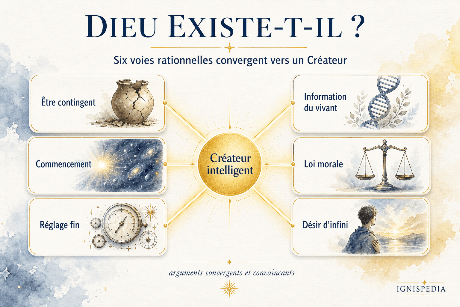 Infographie Ignispedia montrant six arguments convergents vers Dieu : contingence, commencement, réglage fin, vie et information, loi morale, désir d'infini.