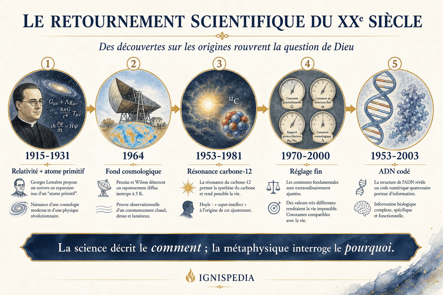 Infographie Ignispedia montrant cinq découvertes scientifiques du XXe siècle qui rouvrent la question de Dieu : relativité, fond cosmologique, carbone 12, réglage fin et ADN codé.