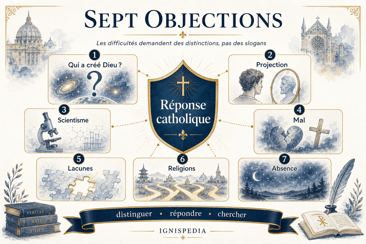 Infographie Ignispedia présentant sept objections contre l'existence de Dieu : qui a créé Dieu, projection, scientisme, mal, lacunes, religions et absence de Dieu.