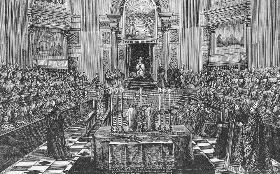 Gravure représentant l'ouverture du premier concile du Vatican (Vatican I) dans la basilique Saint-Pierre, 8 décembre 1869.