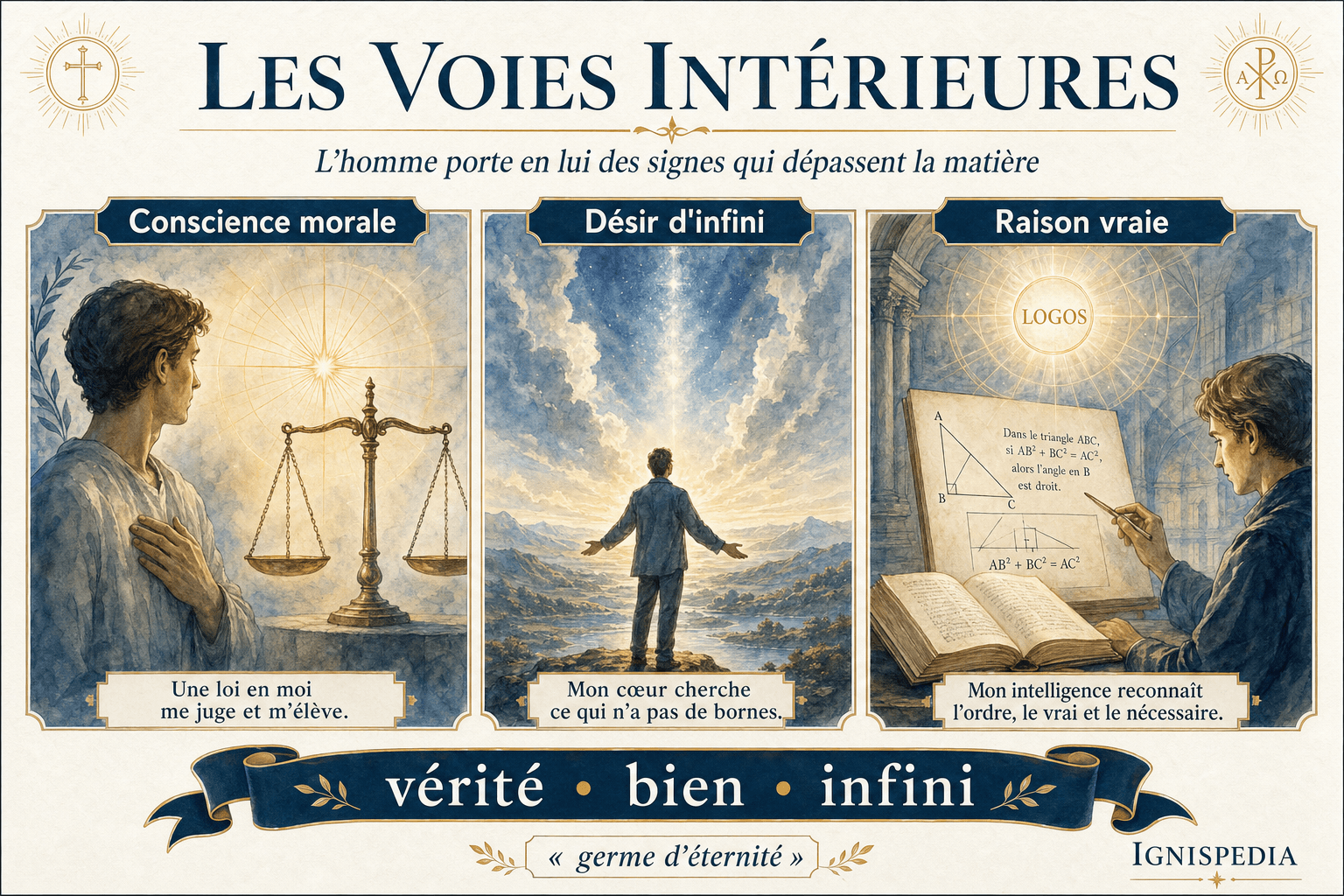 Infographie Ignispedia synthétisant les voies intérieures vers Dieu : désir, conscience, expérience religieuse, sens religieux universel et raison.