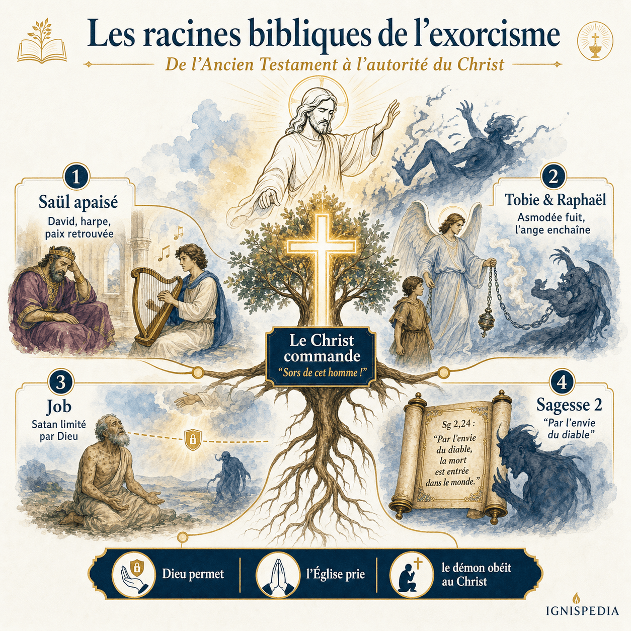 Infographie en arbre sur les racines bibliques de l'exorcisme catholique