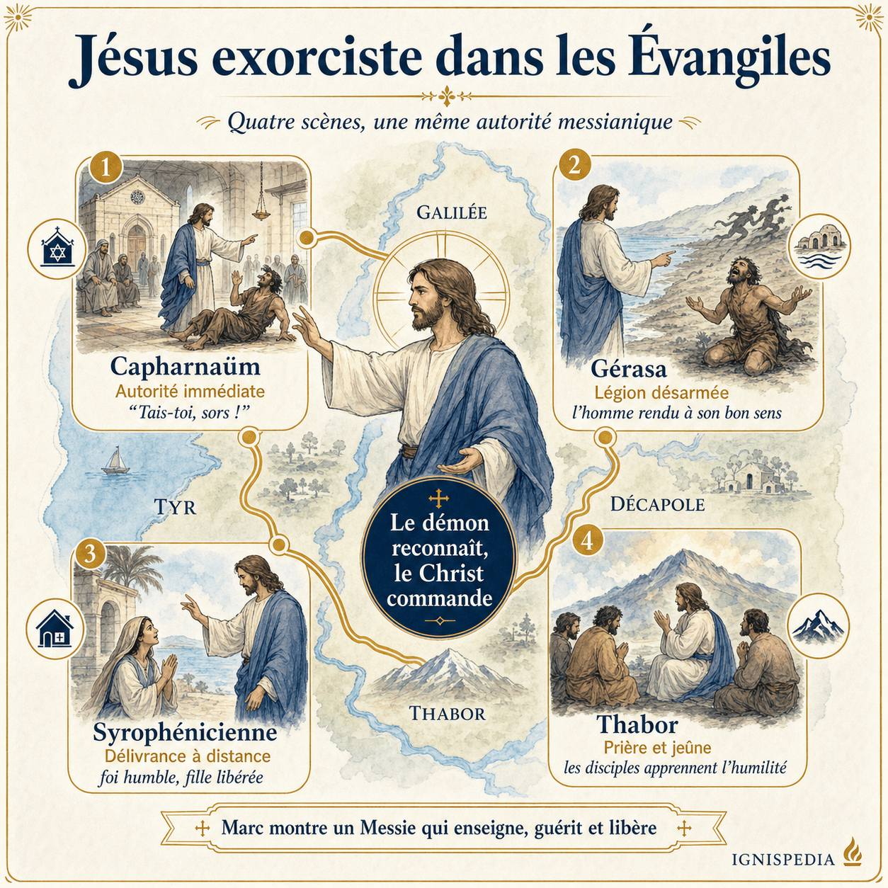 Infographie cartographique sur les quatre exorcismes majeurs du Christ dans les évangiles synoptiques