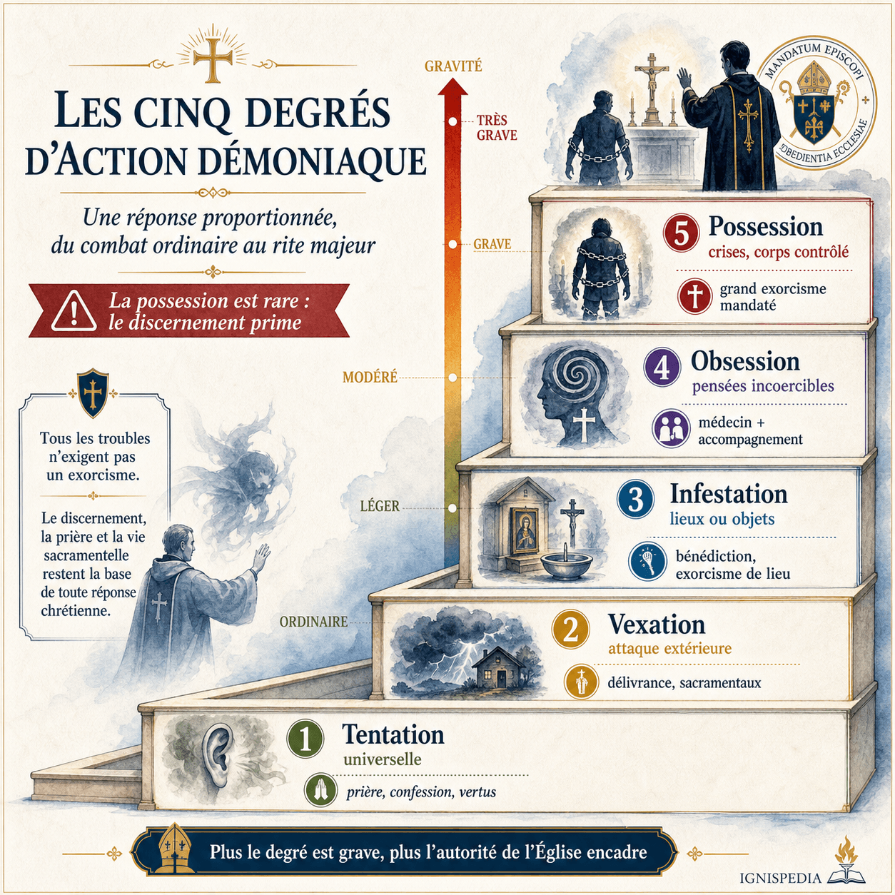 Infographie sur les cinq degrés d'action démoniaque dans la tradition catholique