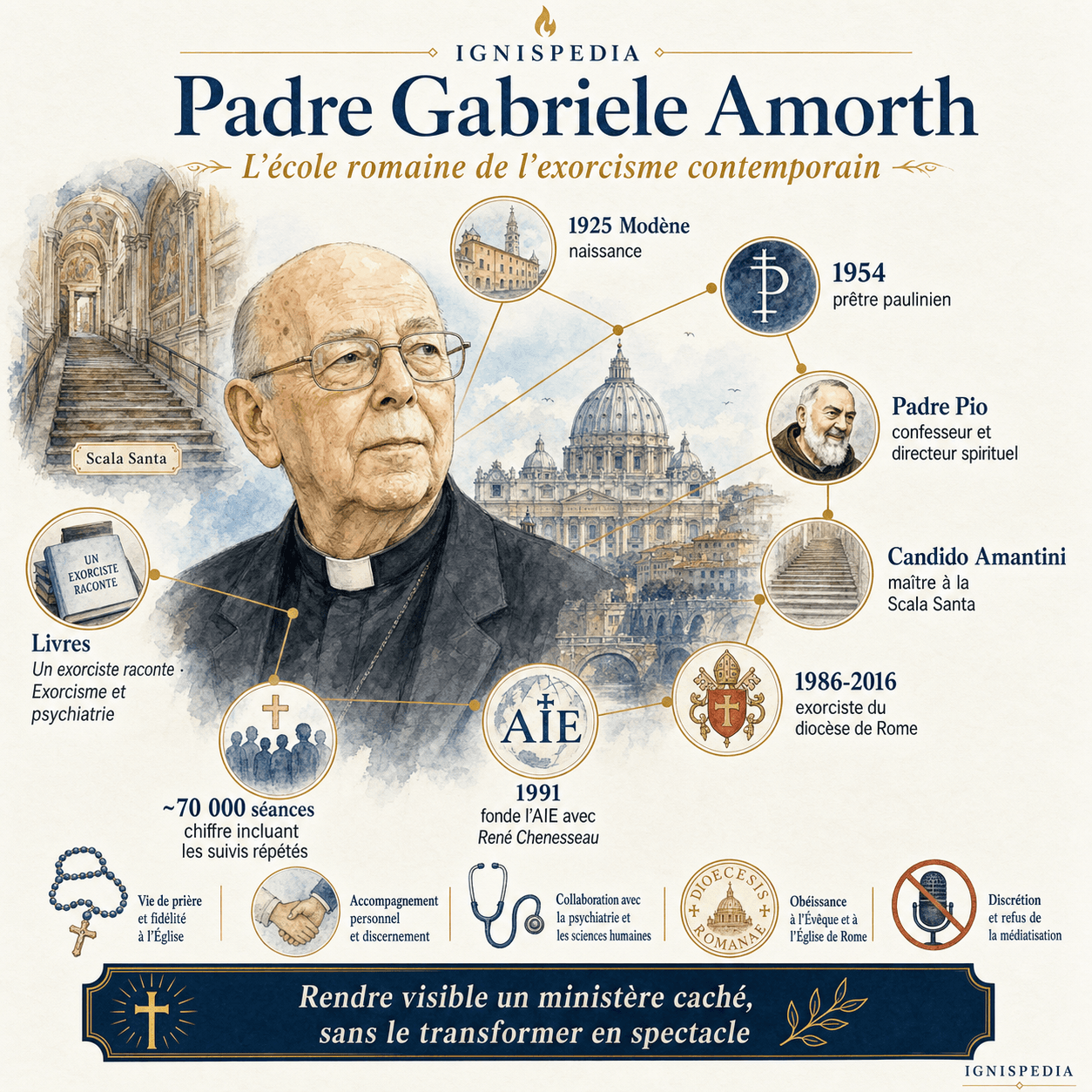 Infographie biographique sur Padre Gabriele Amorth et l'école romaine de l'exorcisme