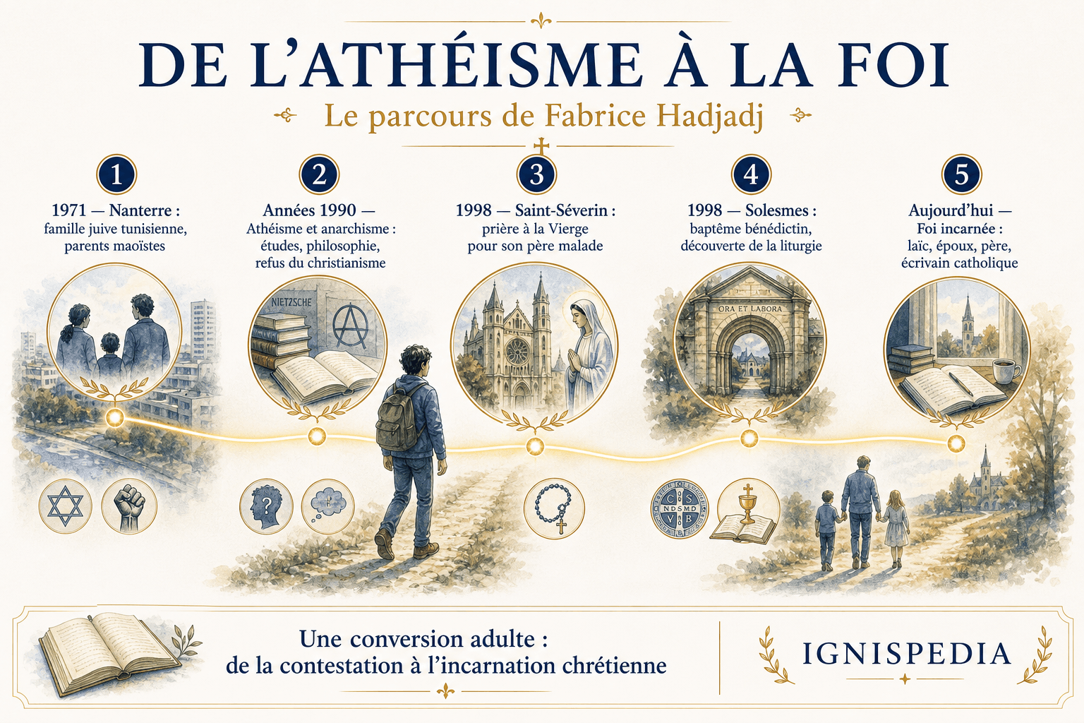 Infografica di Ignispedia sul percorso di Fabrice Hadjadj, dall'ateismo alla fede cattolica