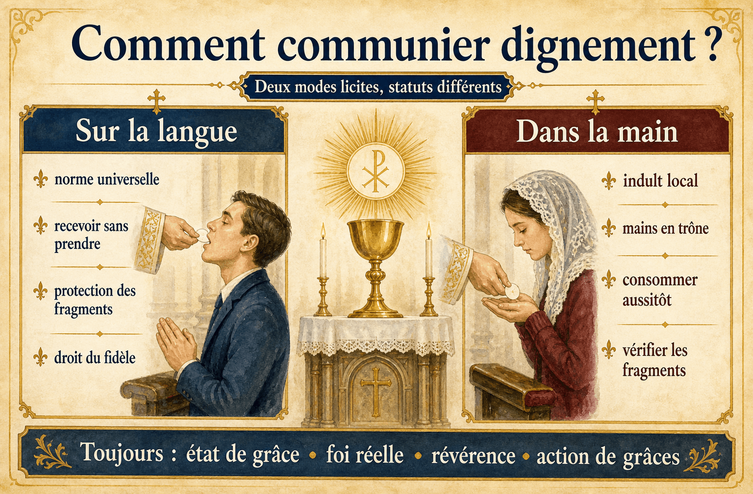 Infographie comparant la communion sur la langue et dans la main