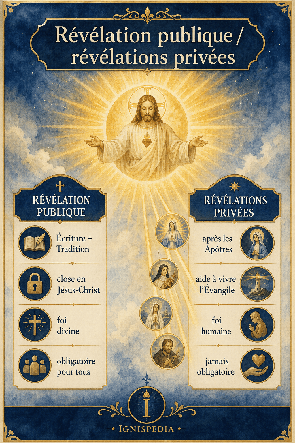 Infografía que compara la Revelación pública (Escritura, Tradición, cerrada en Cristo, fe divina) y las revelaciones privadas (posteriores, ayuda, fe humana)