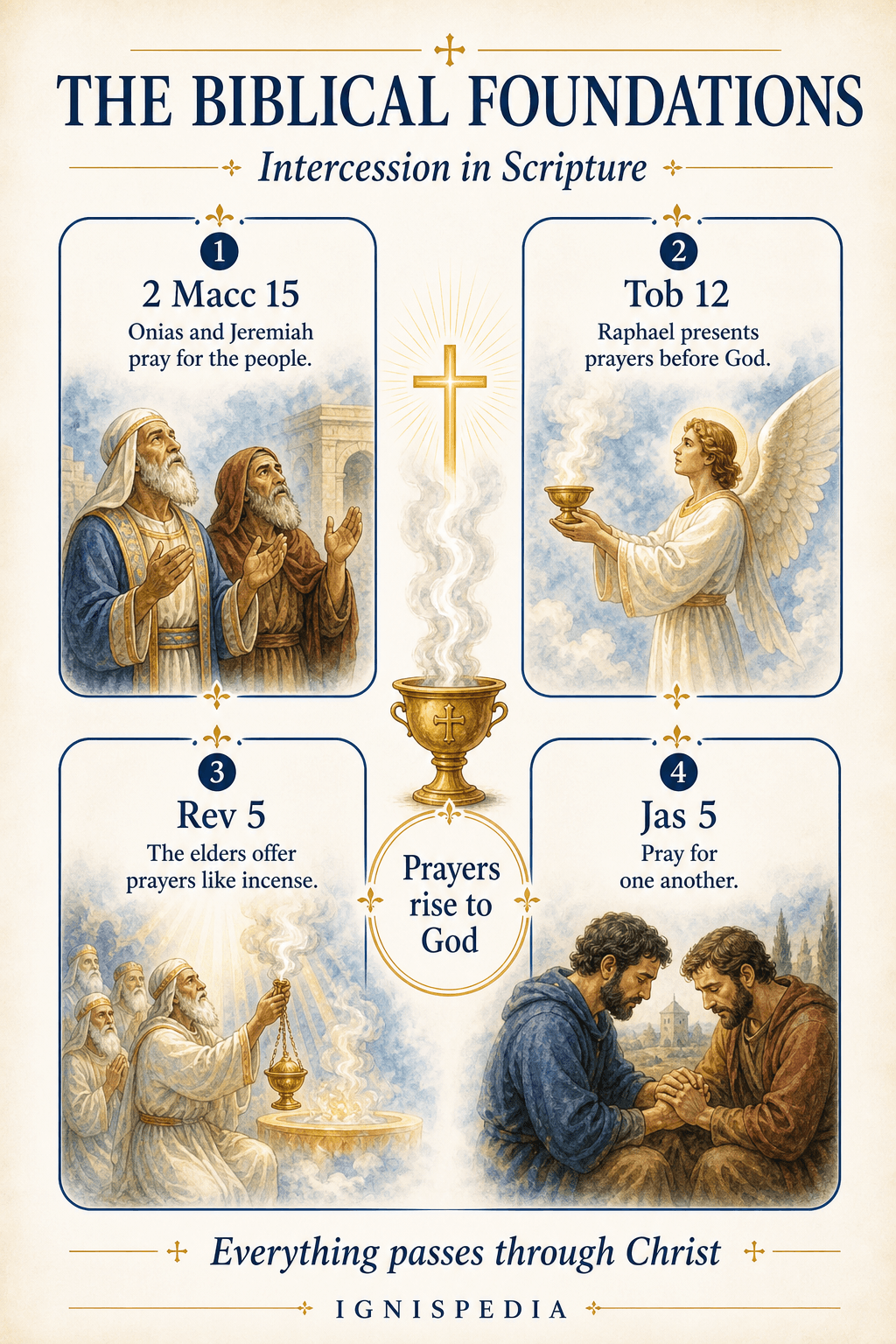 Infographic presenting four scriptural foundations of the intercession of the saints: 2 Maccabees 15, Tobit 12, Revelation 5, and James 5, with pictograms.