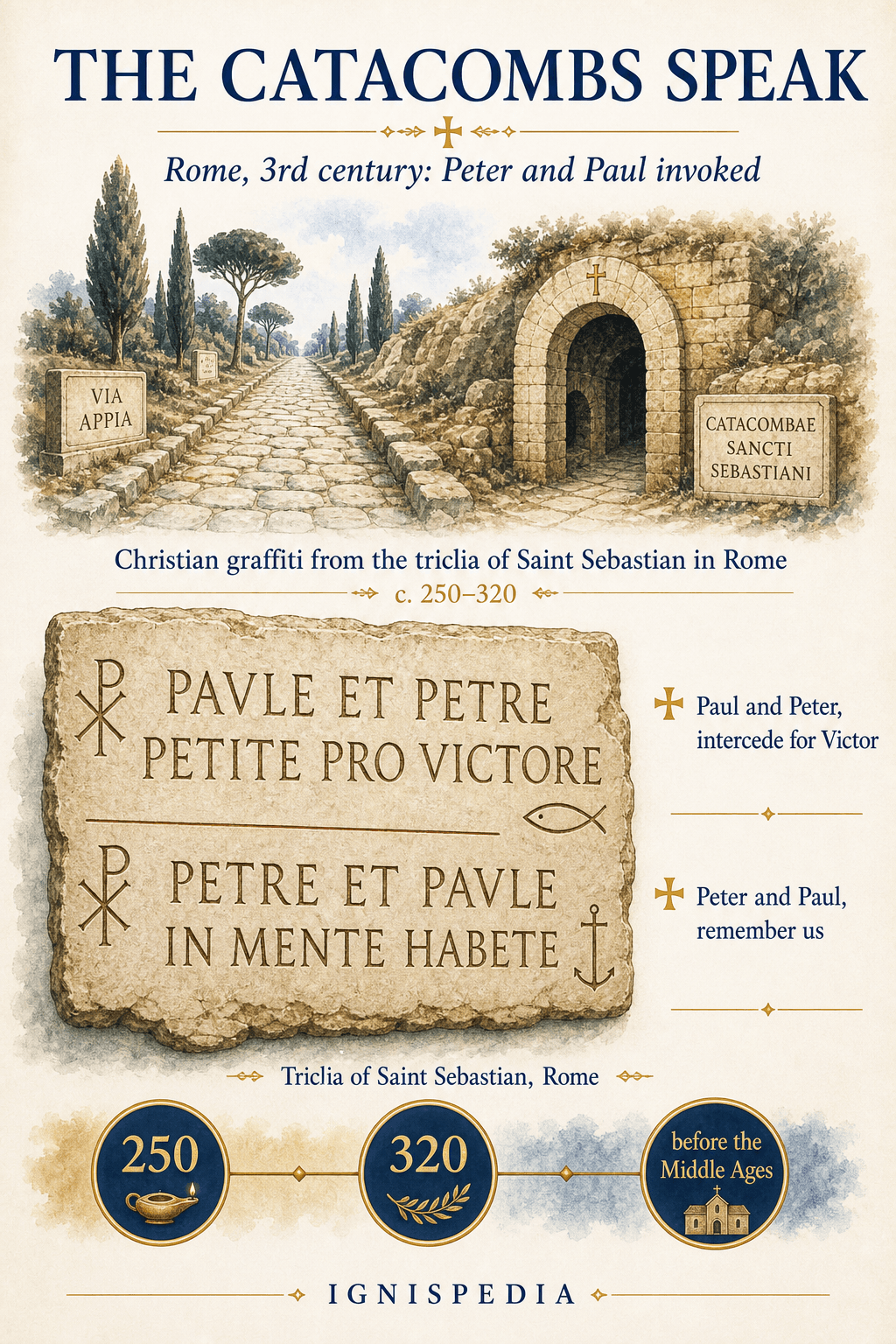 Graffiti invoking Peter and Paul in the triclia of the Saint Sebastian catacomb in Rome (3rd century).