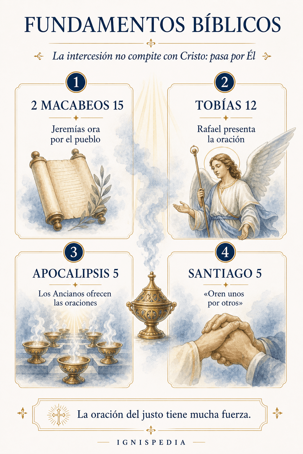 Infografía que presenta cuatro fundamentos bíblicos de la intercesión de los santos: 2 Macabeos 15, Tobías 12, Apocalipsis 5 y Santiago 5, con pictogramas.