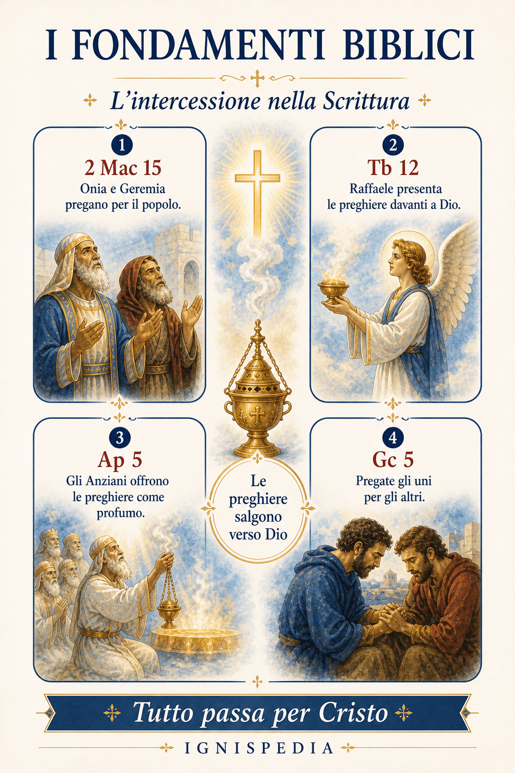 Infografica che presenta quattro fondamenti scritturali dell’intercessione dei santi: 2 Maccabei 15, Tobia 12, Apocalisse 5 e Giacomo 5, con pittogrammi.