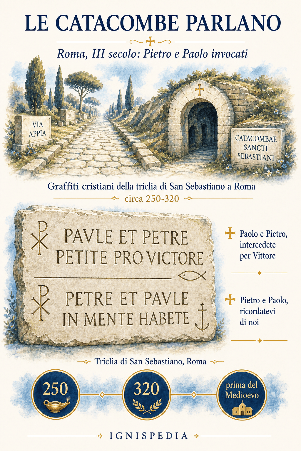 Graffiti di invocazione a Pietro e Paolo nella triclia della catacomba di San Sebastiano a Roma (III secolo).