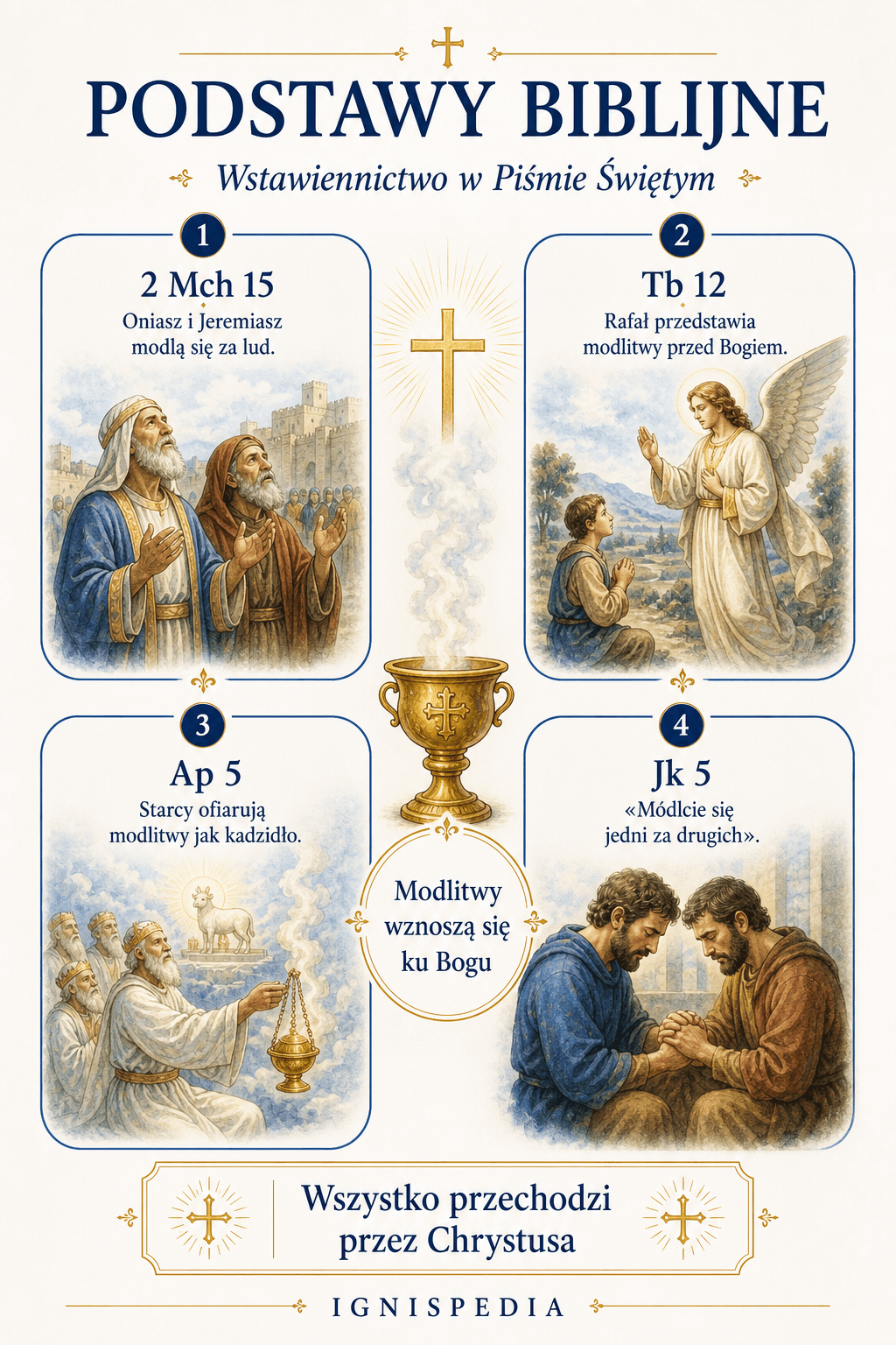Infografika przedstawiająca cztery biblijne podstawy wstawiennictwa świętych: 2 Machabejska 15, Tobiasz 12, Apokalipsa 5 i Jakub 5, z piktogramami.