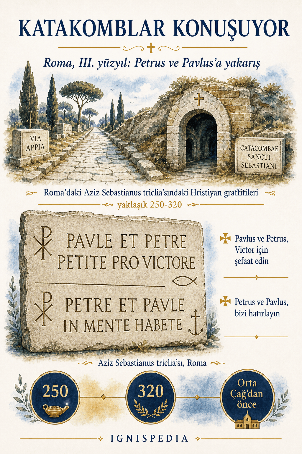 Roma’daki Aziz Sebastian Katakombası triclia’sında Petrus ve Pavlus’a yönelik dua grafitisi (III. yüzyıl).