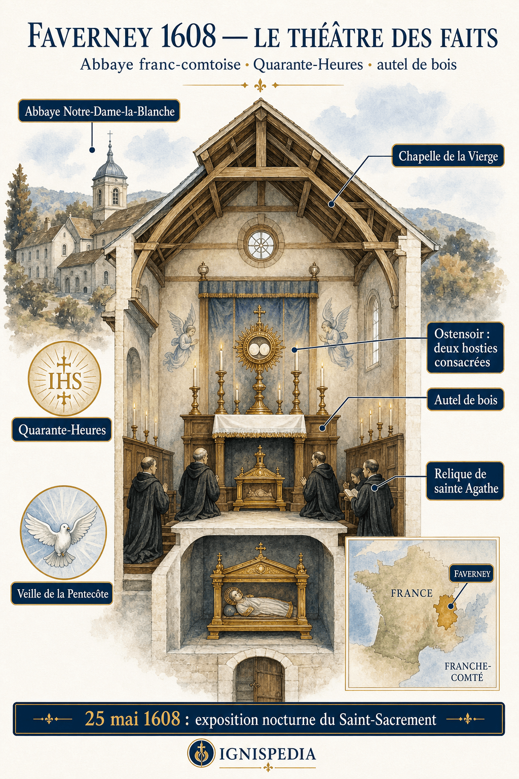 Infographie sur le cadre matériel du miracle eucharistique de Faverney : abbaye Notre-Dame-la-Blanche, chapelle de la Vierge, autel de bois, ostensoir et relique de sainte Agathe