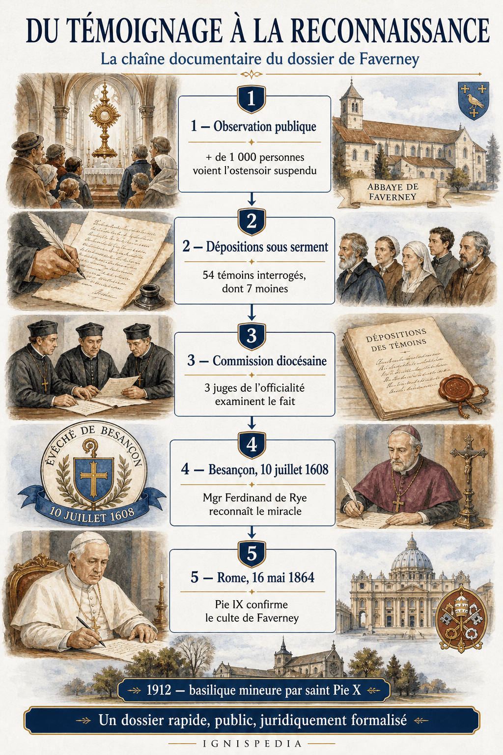 Infographie montrant la chaîne documentaire du miracle de Faverney : observation publique, 54 dépositions, trois juges, reconnaissance diocésaine puis confirmation romaine