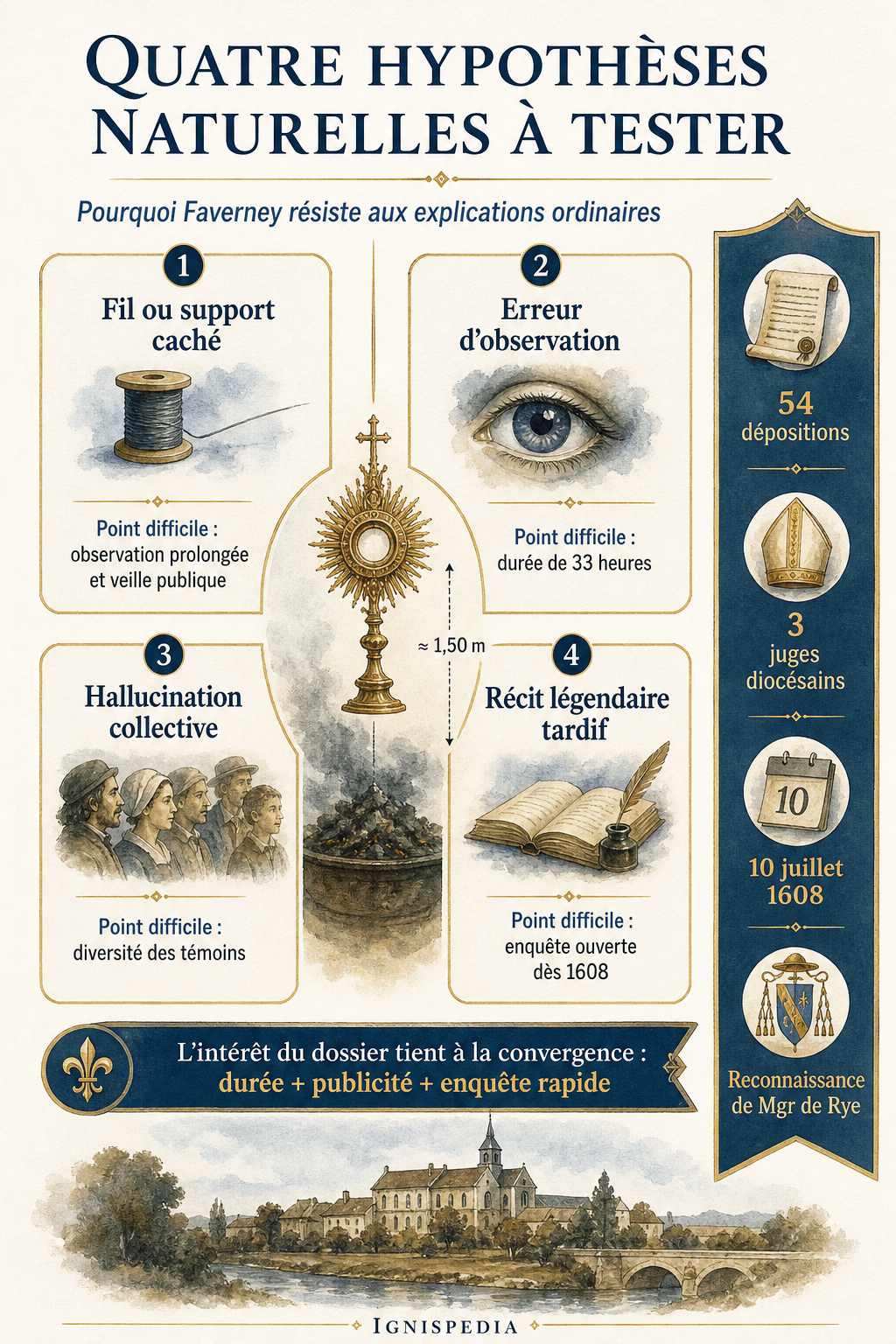Matrice des quatre hypothèses naturelles souvent évoquées pour Faverney : support caché, erreur d'observation, hallucination collective et récit légendaire tardif