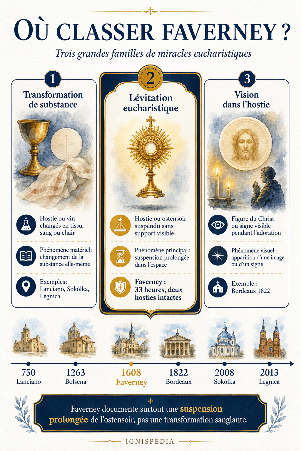 Infographie typologique classant Faverney parmi les miracles eucharistiques de lévitation, à côté des transformations de substance et des visions dans l'hostie
