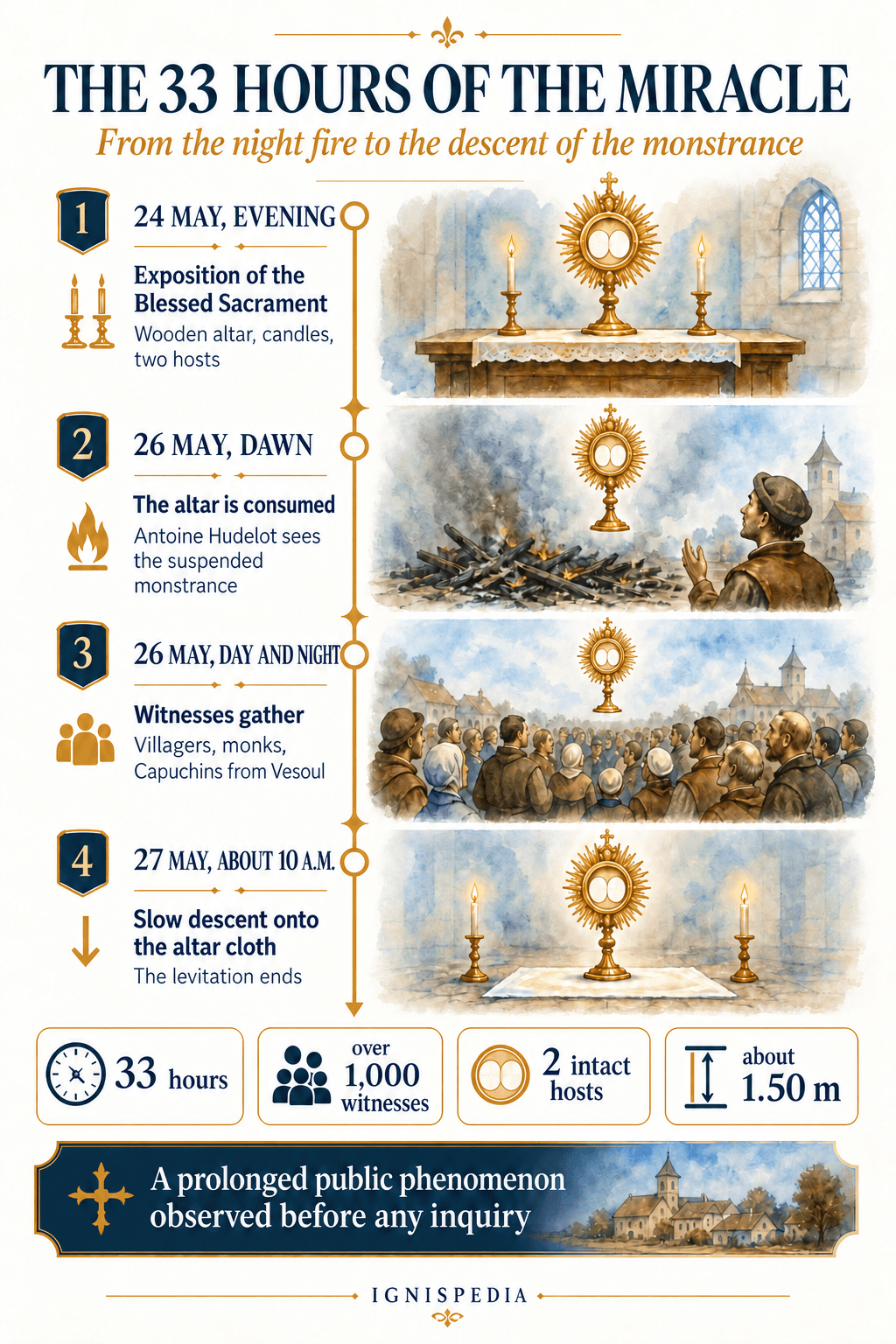 Visual timeline of the 33 hours of the miracle of Faverney, from the evening of 24 May to 27 May around 10 o'clock