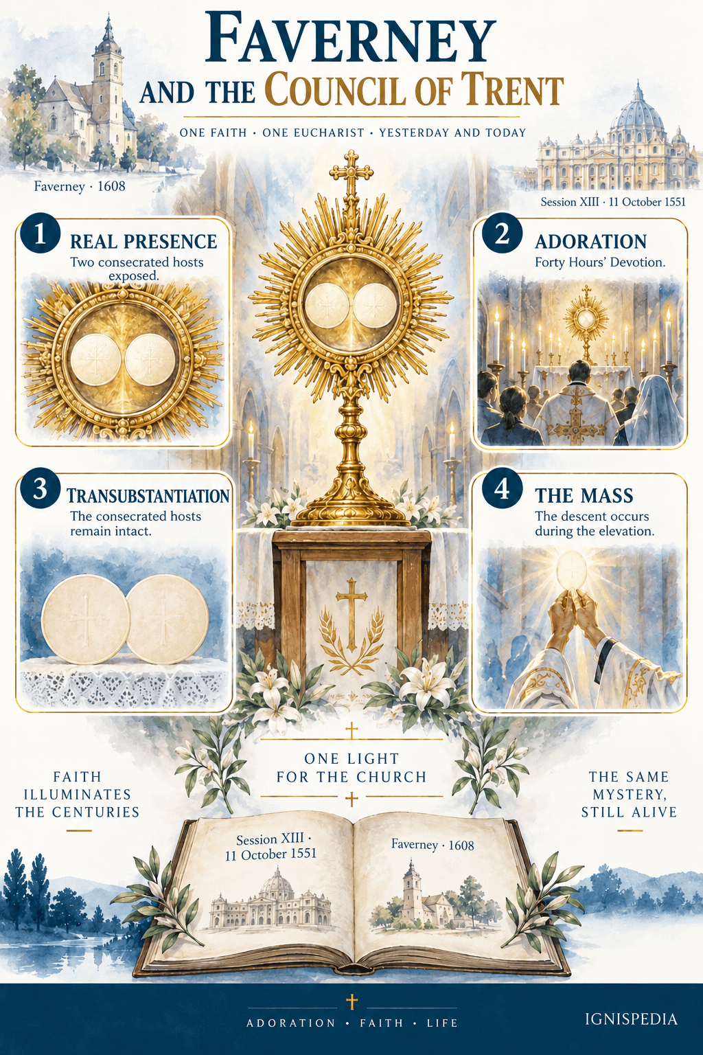 Four theological links between the Council of Trent and the Eucharistic account of Faverney: Real Presence, adoration, transubstantiation and Mass