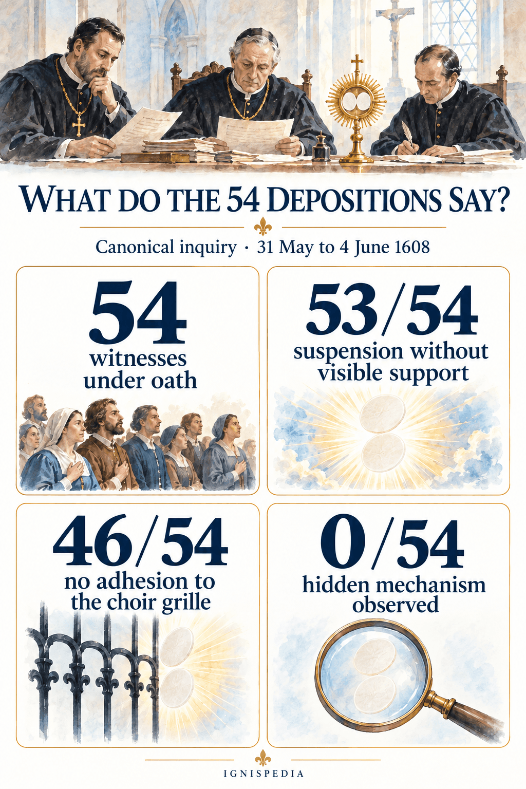 Summary of the 54 depositions of Faverney: 53 testify to a suspension without visible support, 46 to an absence of adhesion to the grille