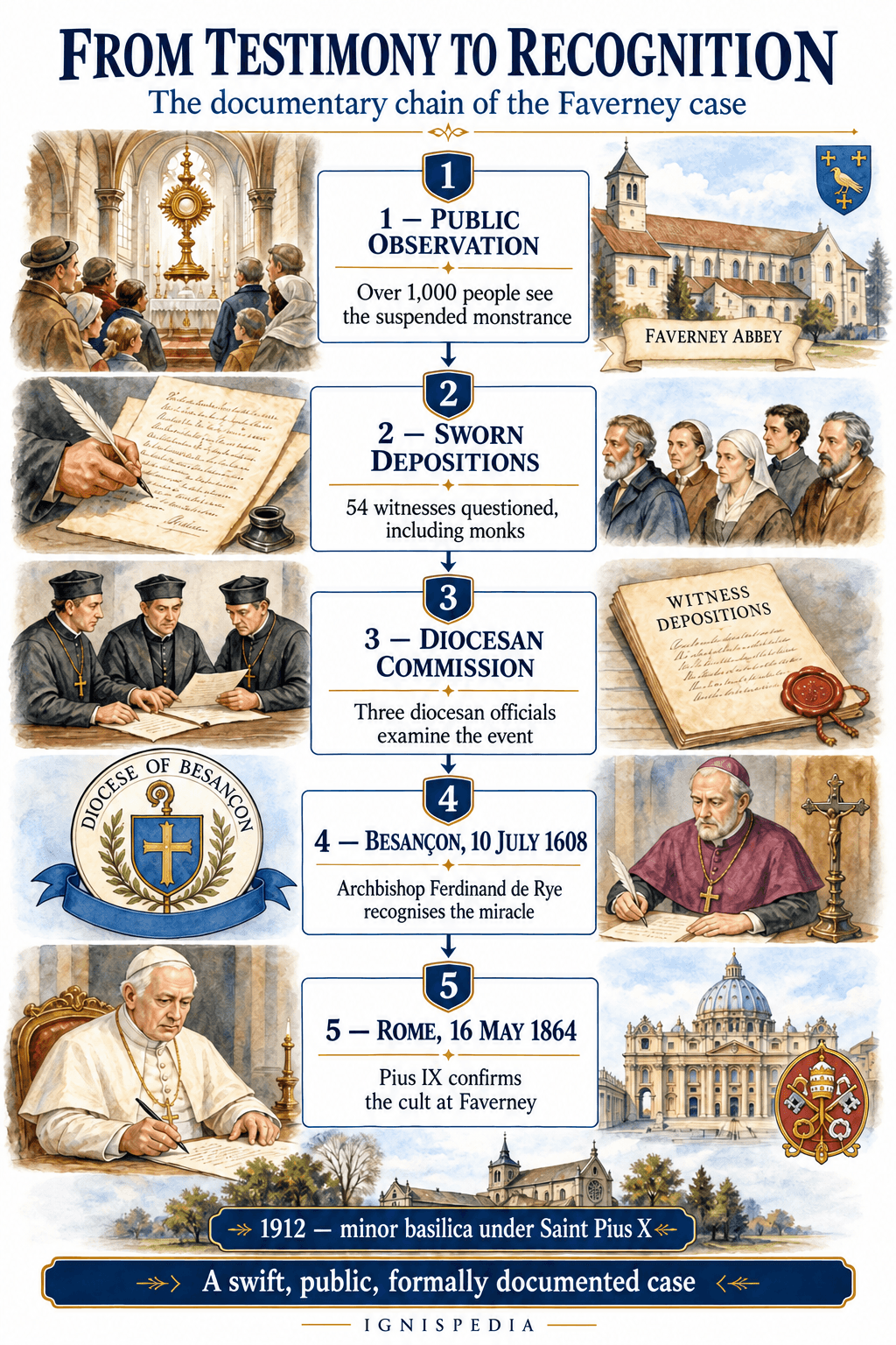 Infographic showing the documentary chain of the miracle of Faverney: public observation, 54 depositions, three judges, diocesan recognition and then Roman confirmation