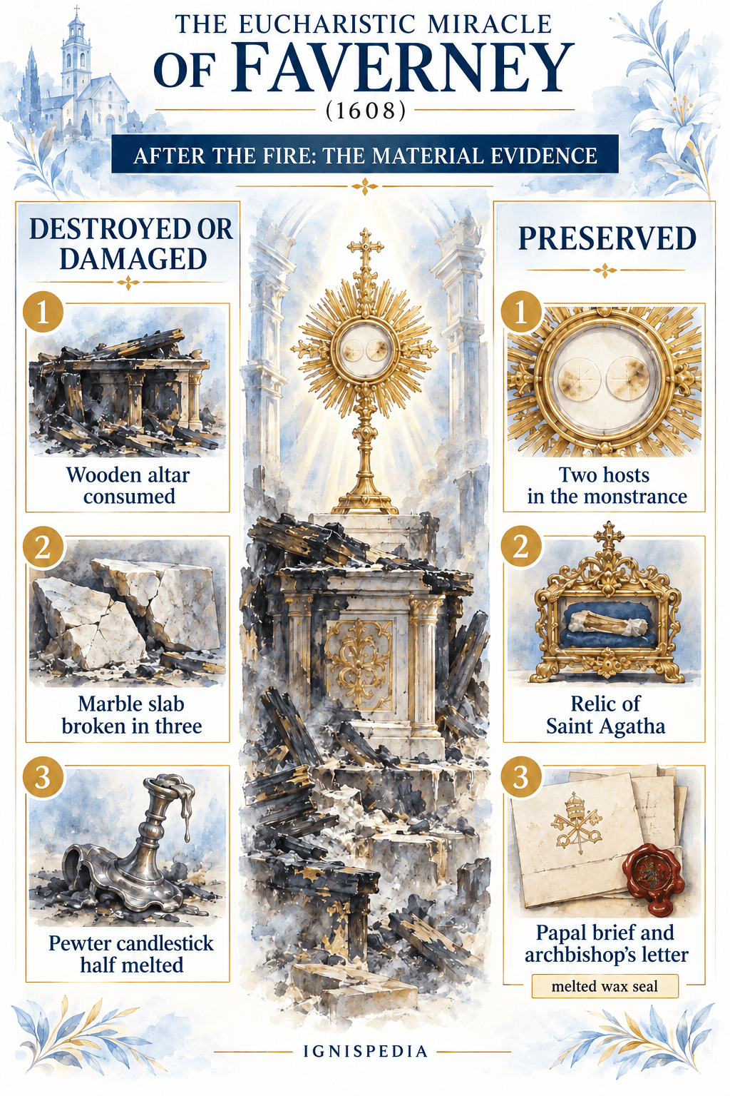 Comparison of the elements destroyed by the Faverney fire and the two hosts, the relic of Saint Agatha, and the preserved documents