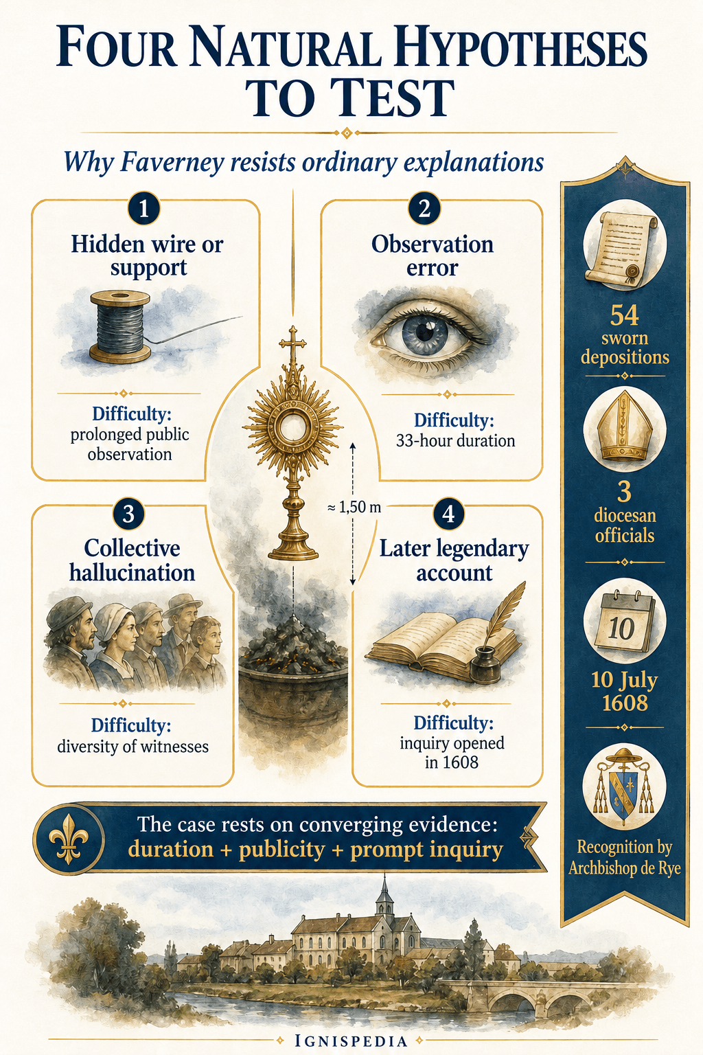 Matrix of the four natural hypotheses often put forward for Faverney: hidden support, observational error, collective hallucination and late legendary account