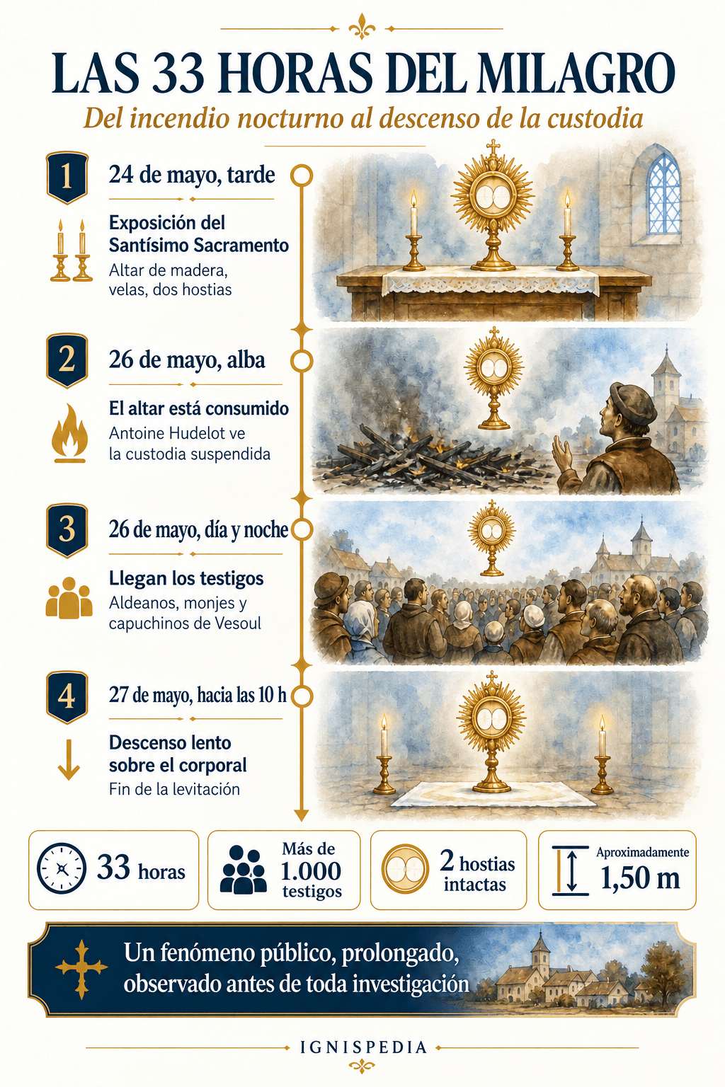 Cronología visual de las 33 horas del milagro de Faverney, desde la noche del 24 de mayo hasta el 27 de mayo hacia las 10 horas