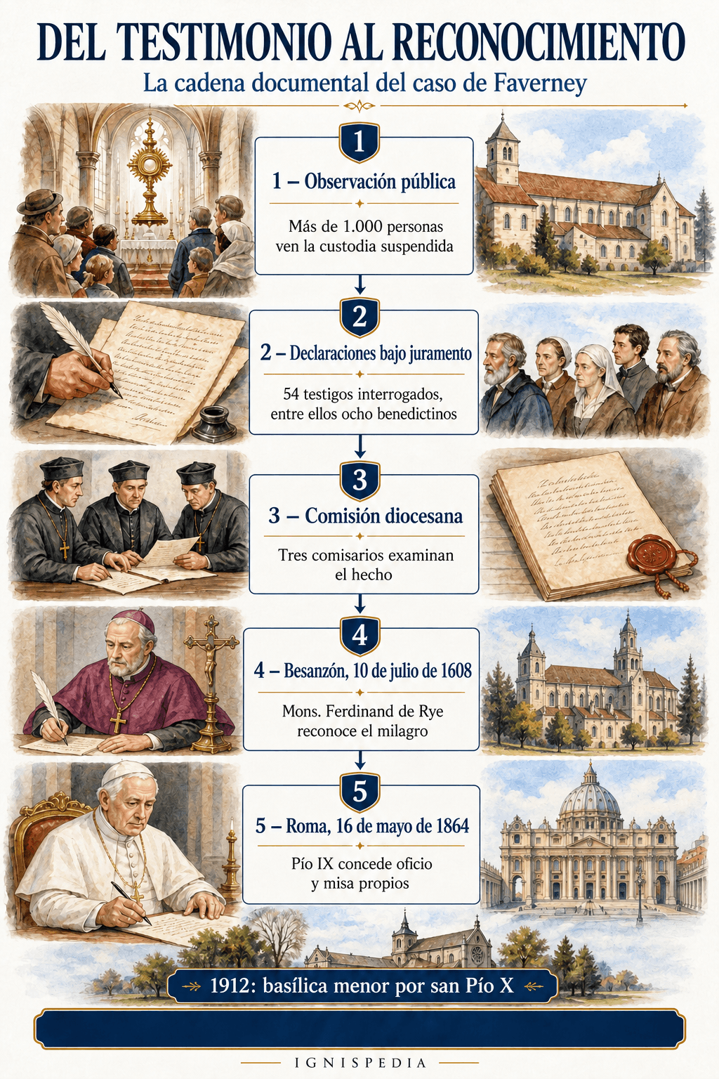 Infografía de la cadena documental del milagro de Faverney: observación pública, 54 declaraciones, tres comisarios, reconocimiento diocesano y confirmación romana