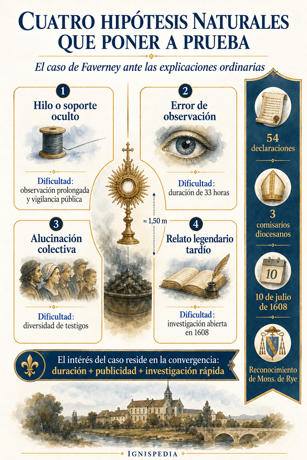 Matriz de las cuatro hipótesis naturales a menudo mencionadas para Faverney: soporte oculto, error de observación, alucinación colectiva y relato legendario tardío