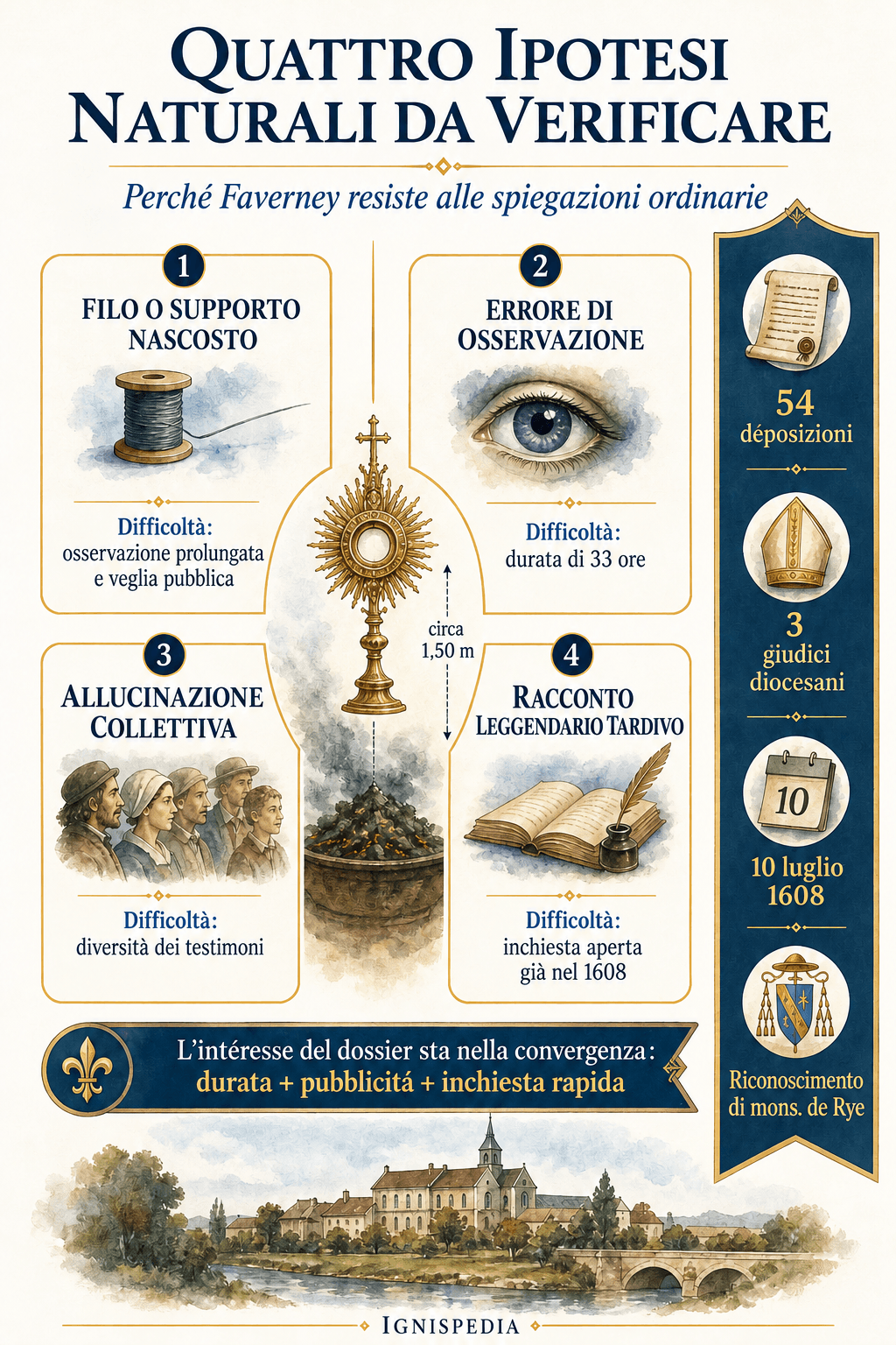 Matrice delle quattro ipotesi naturali spesso evocate per Faverney: supporto nascosto, errore di osservazione, allucinazione collettiva e racconto leggendario tardivo