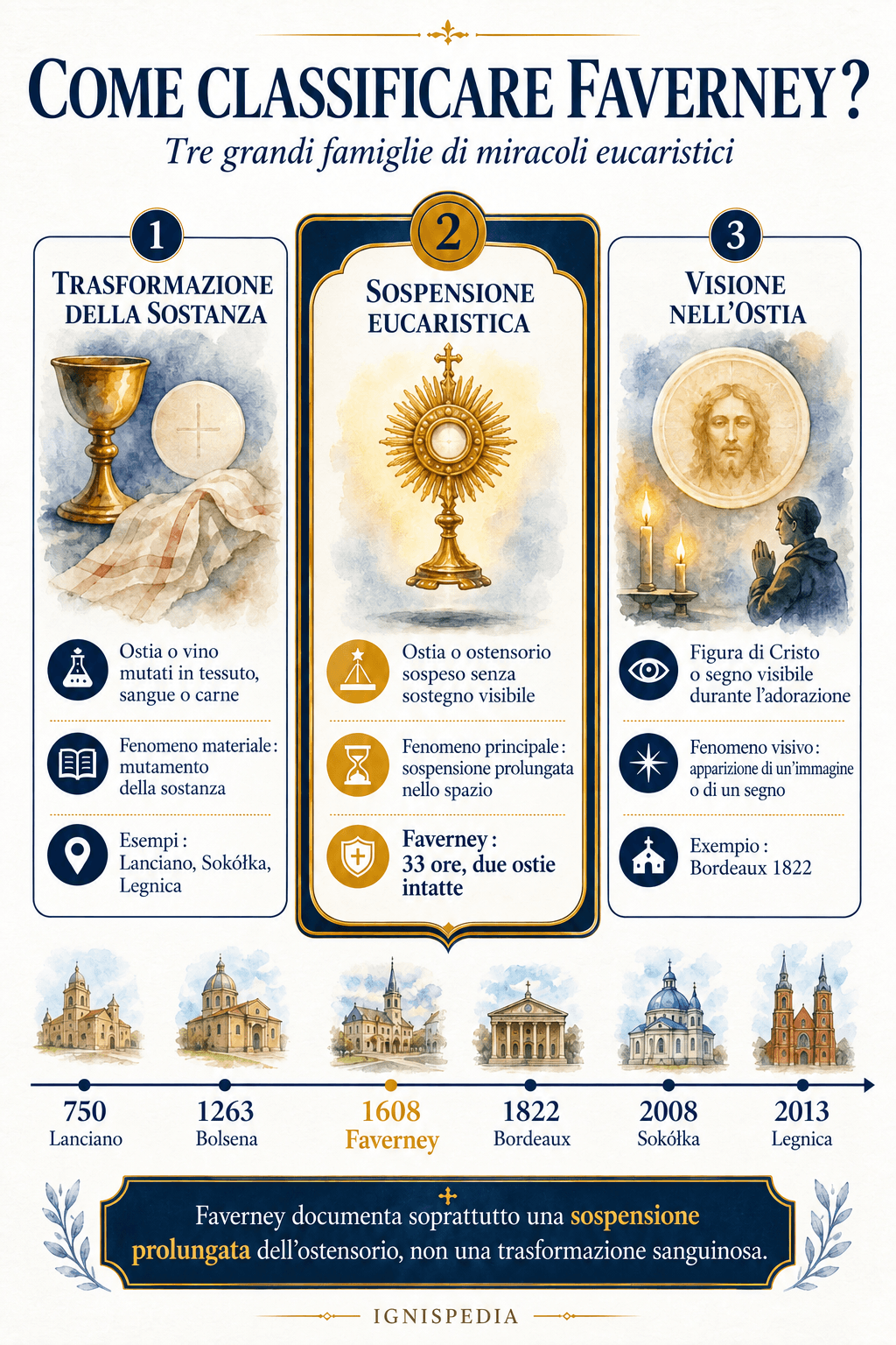 Infografia tipologica che classifica Faverney tra i miracoli eucaristici di levitazione, accanto alle trasformazioni di sostanza e alle visioni nell'ostia