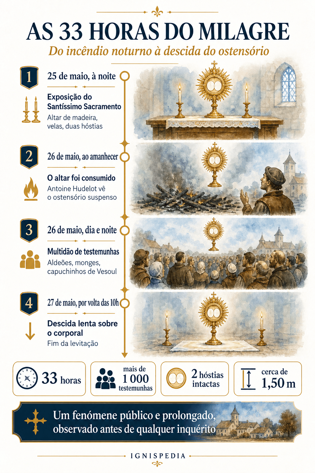 Cronologia visual das 33 horas do milagre de Faverney, de 24 de maio ao fim do dia até 27 de maio por volta das 10 horas