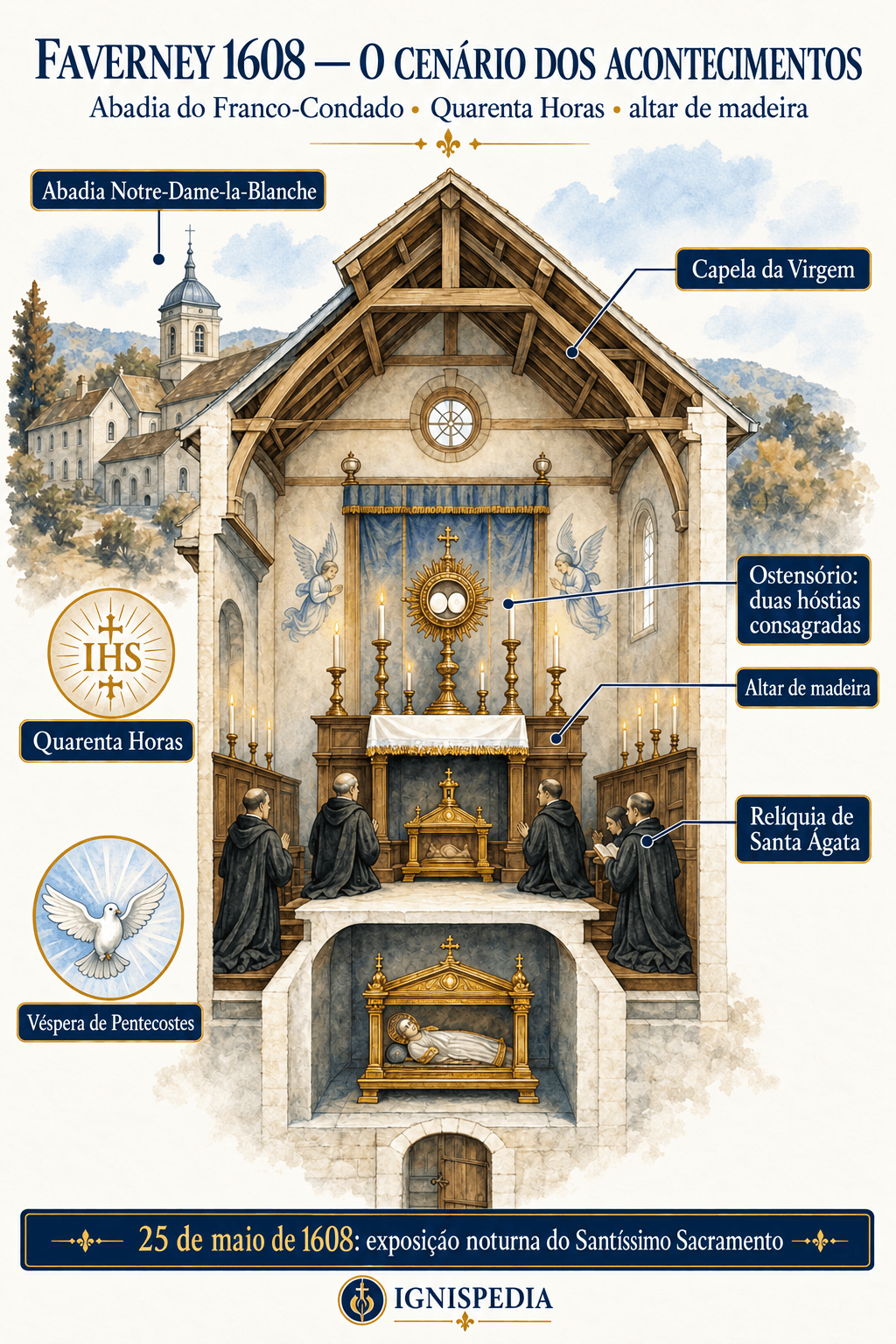 Infografia sobre o enquadramento material do milagre eucarístico de Faverney: abadia de Nossa Senhora a Branca, capela da Virgem, altar de madeira, ostensório e relíquia de Santa Ágata