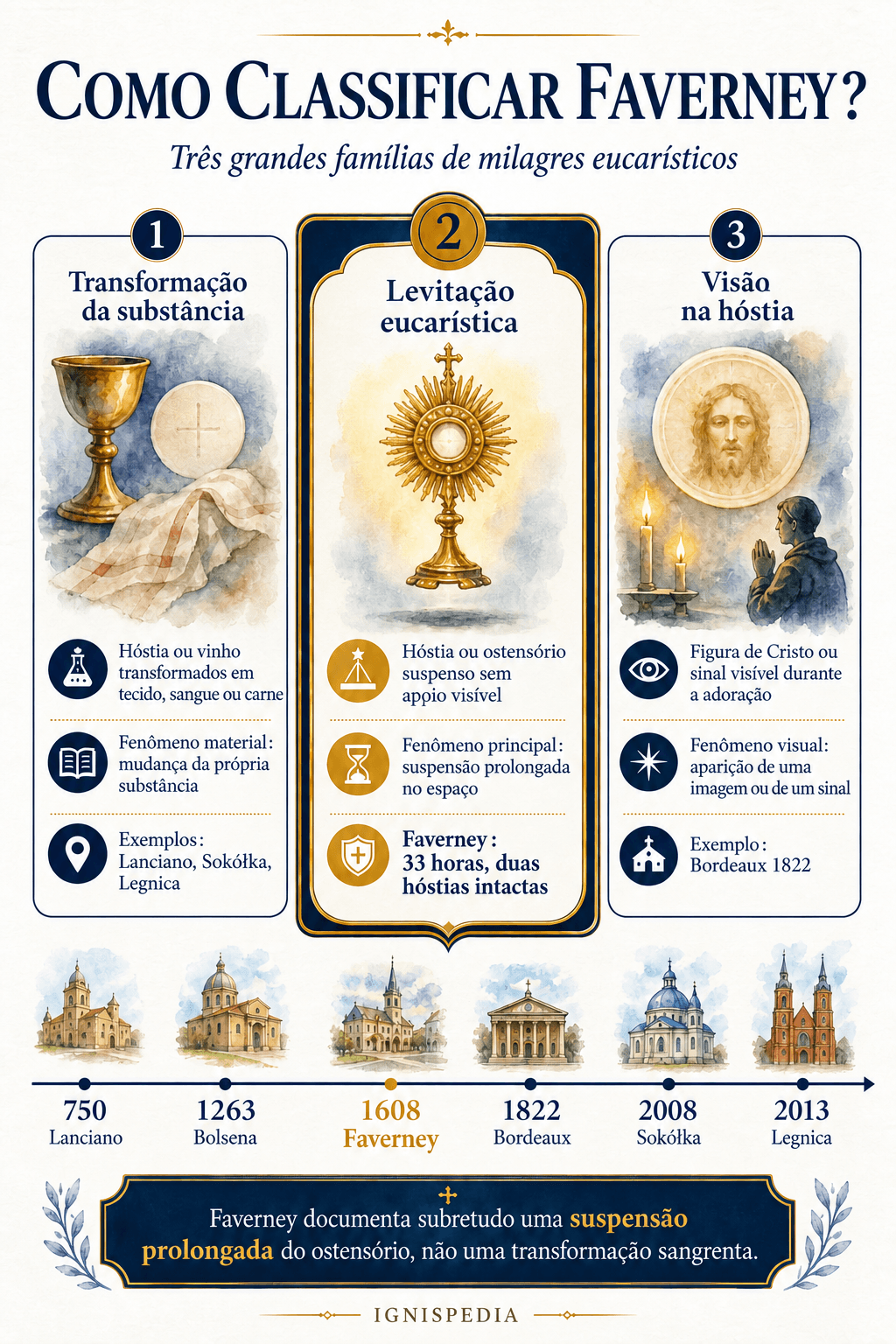 Infografia tipológica classificando Faverney entre os milagres eucarísticos de levitação, ao lado das transformações de substância e das visões na hóstia