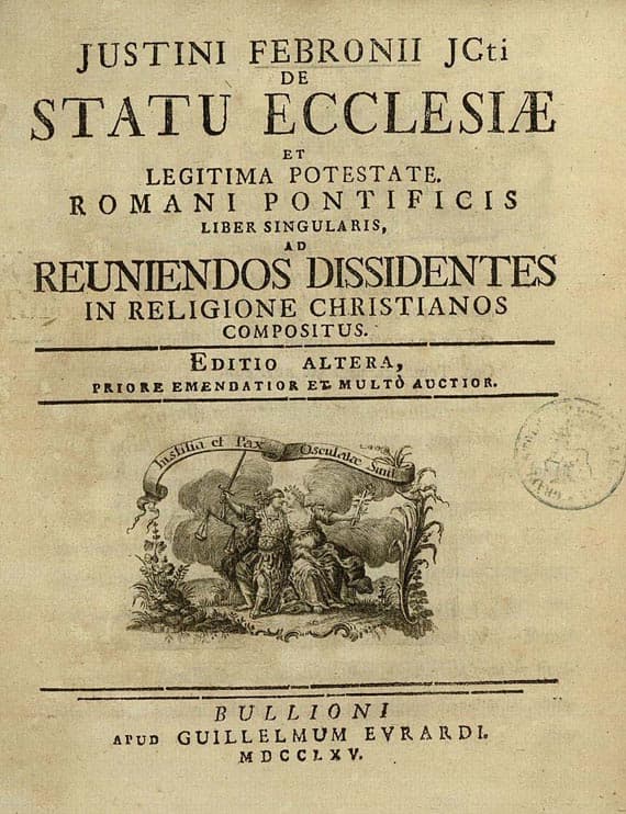 Portada de la segunda edición del De statu Ecclesiae de Febronio, 1765