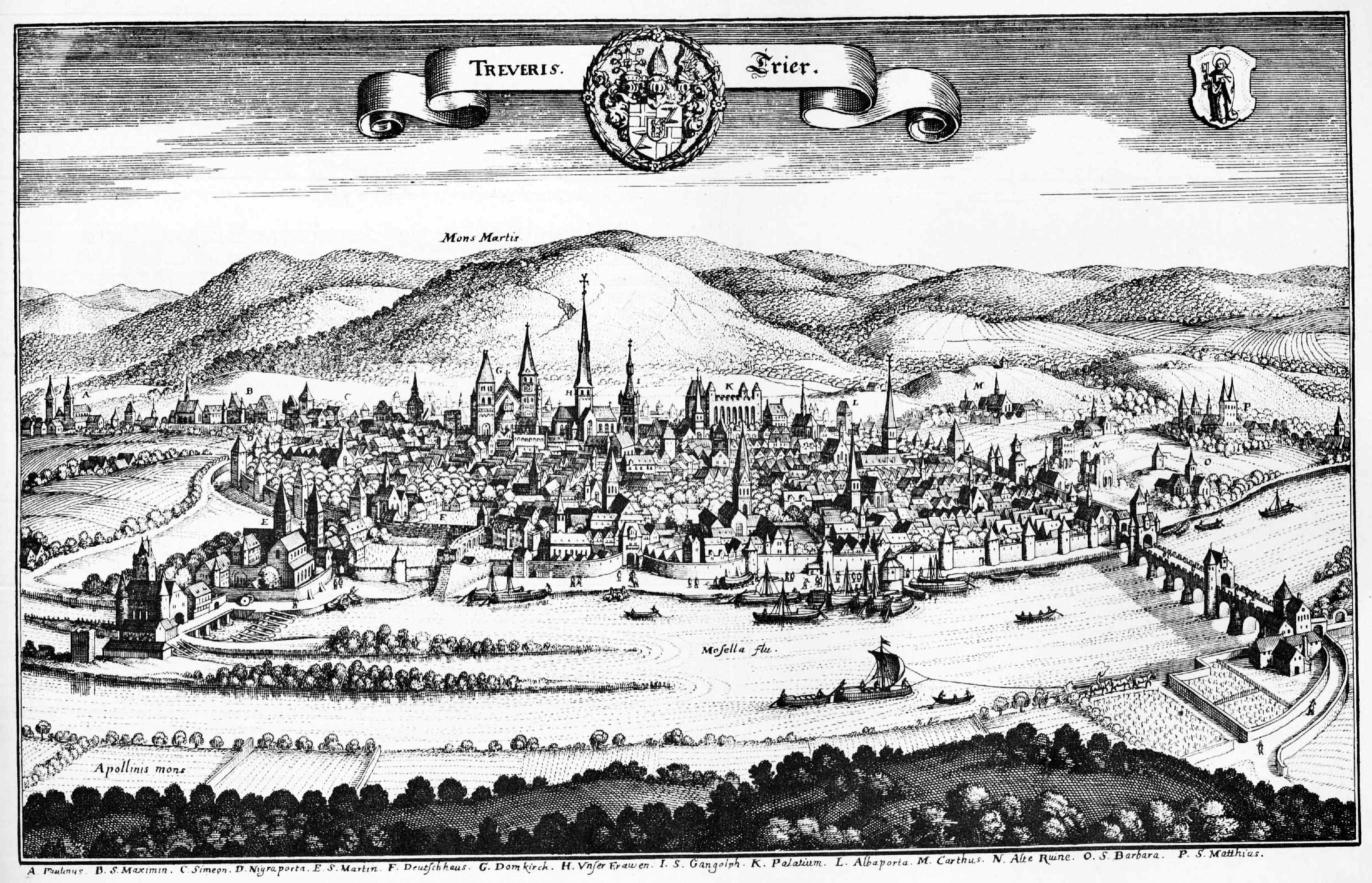 Grabado panorámico de Tréveris junto al Mosela en el siglo XVII