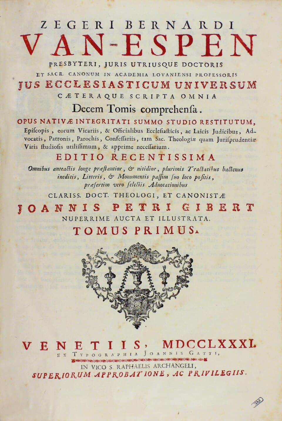 Portada del Jus ecclesiasticum universum de Van Espen, edición de 1781