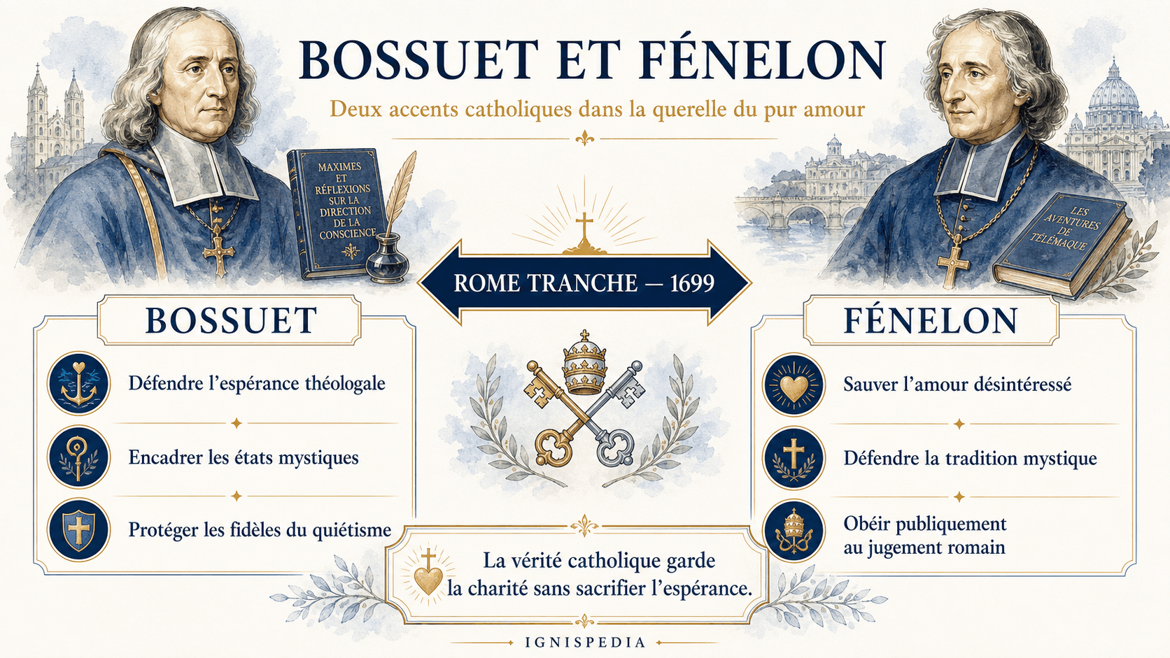 Infographie Ignispedia comparant Bossuet et Fénelon dans la querelle du pur amour