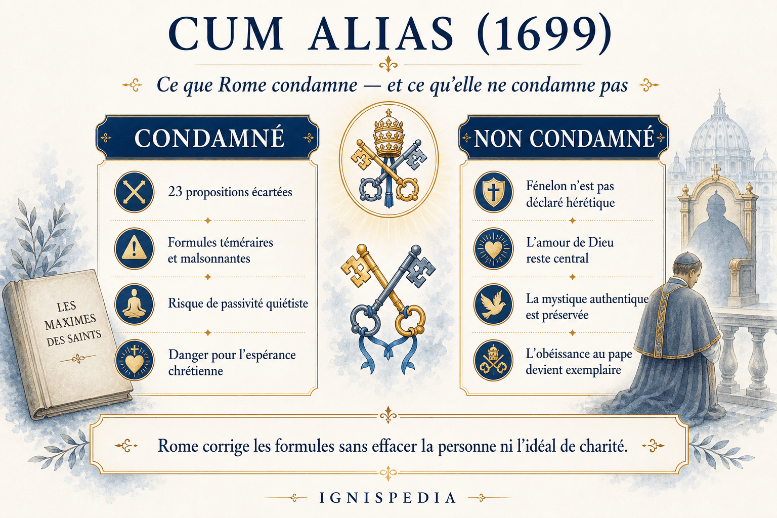 Infographie Ignispedia expliquant ce que le bref Cum alias condamne et ne condamne pas