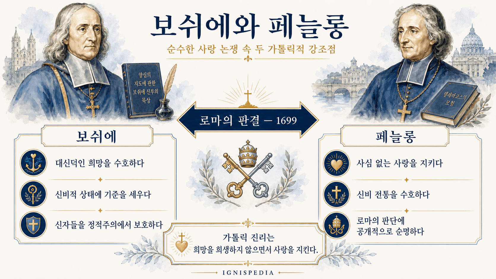 순수한 사랑 논쟁에서 보쉬에와 페늘롱을 비교한 이그니스피디아 인포그래픽