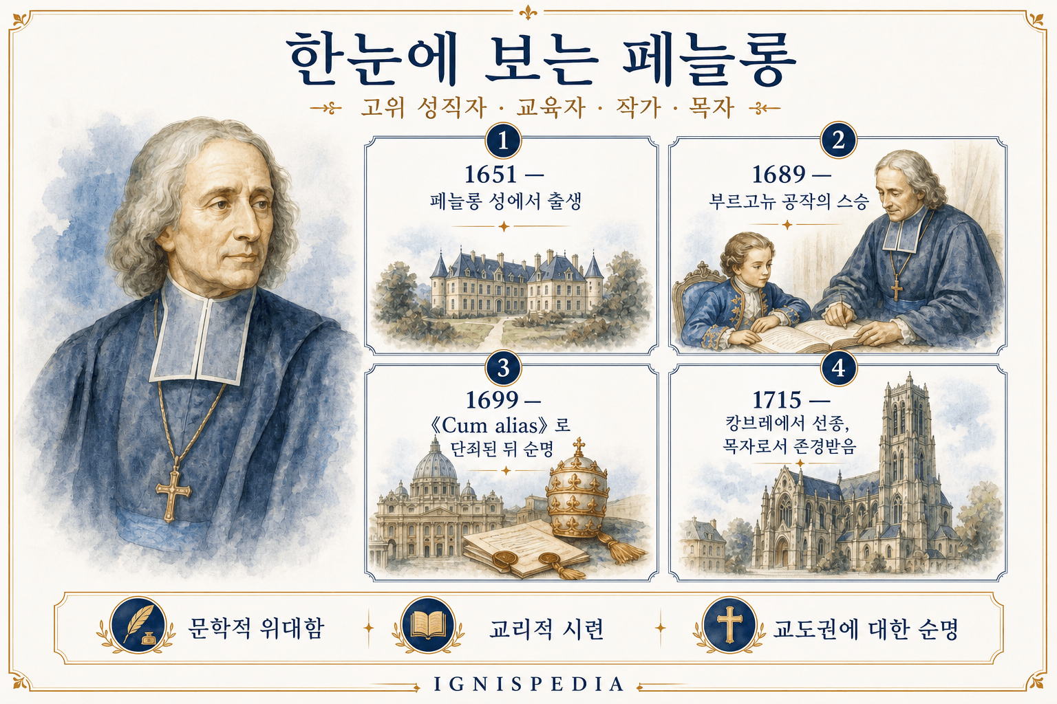페늘롱의 생애 네 가지 주요 일정을 요약한 이그니스피디아 인포그래픽