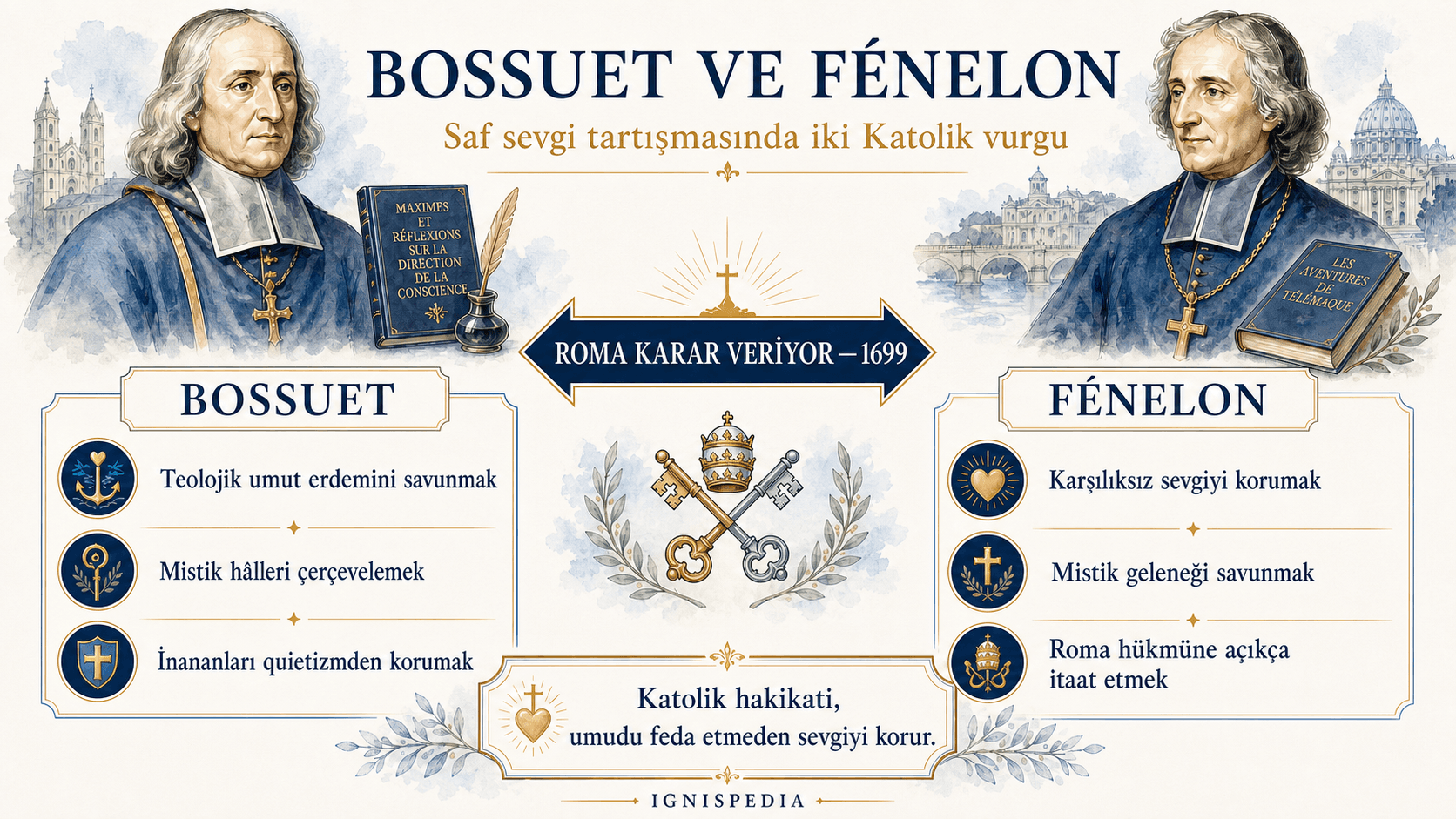 Saf aşk tartışmasında Bossuet ve Fénelon’u karşılaştıran Ignispedia infografiği