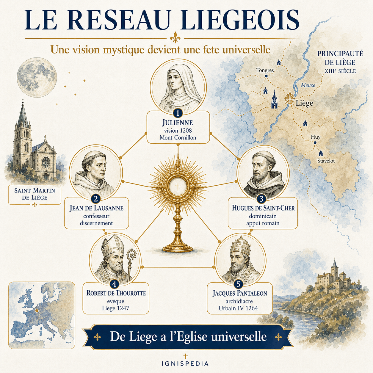 Infographie présentant le réseau liégeois de sainte Julienne, Jean de Lausanne, Hugues de Saint-Cher, Robert de Thourotte et Jacques Pantaléon