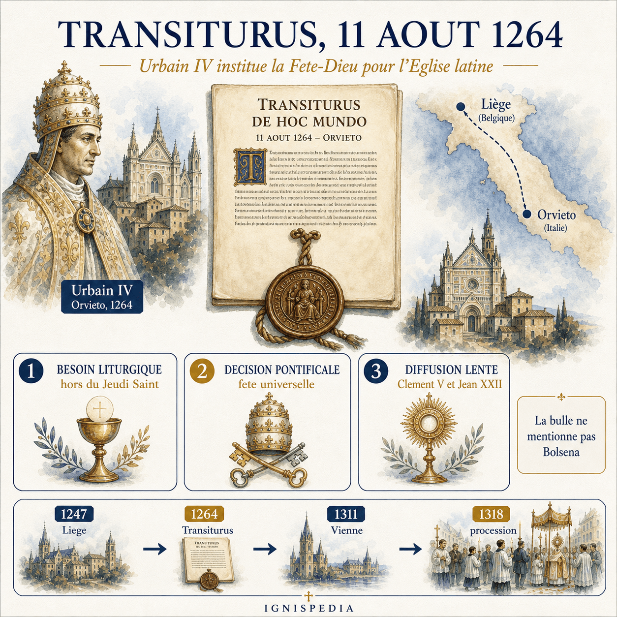 Infographie sur la bulle Transiturus de hoc mundo promulguée par Urbain IV le 11 août 1264