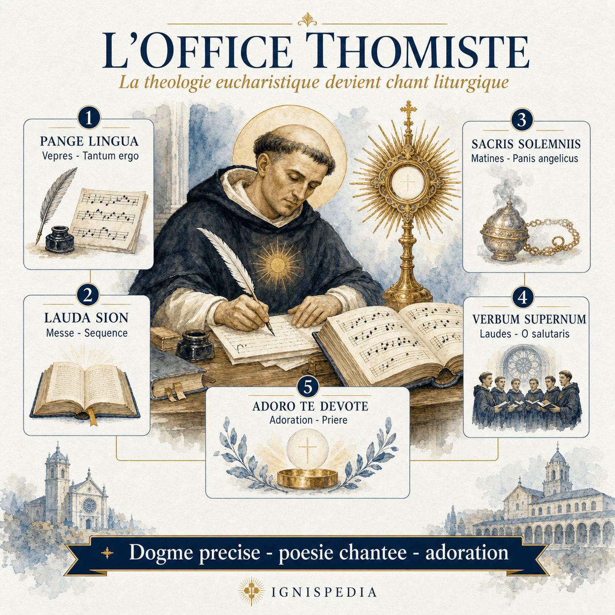 Infographie présentant les cinq hymnes eucharistiques attribuées à saint Thomas d'Aquin pour l'office de la Fête-Dieu